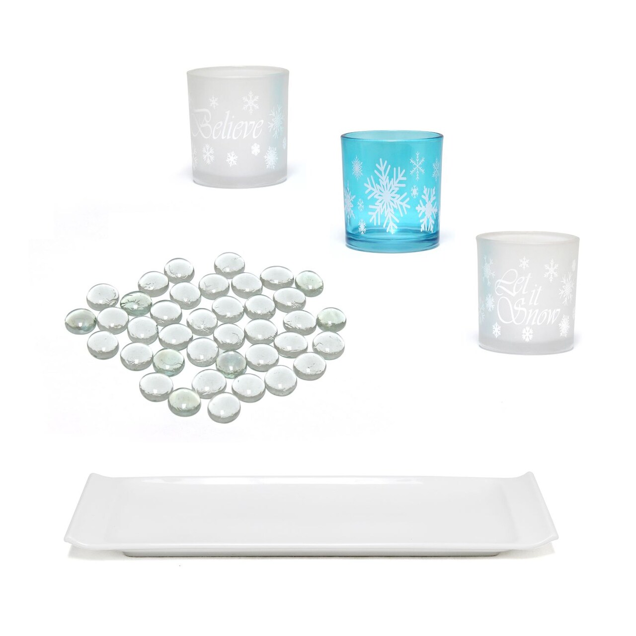 Mod Lighting and Decor 5-Piece Snowflake Christmas Candle Holder Display Set - 14" - White and Blue